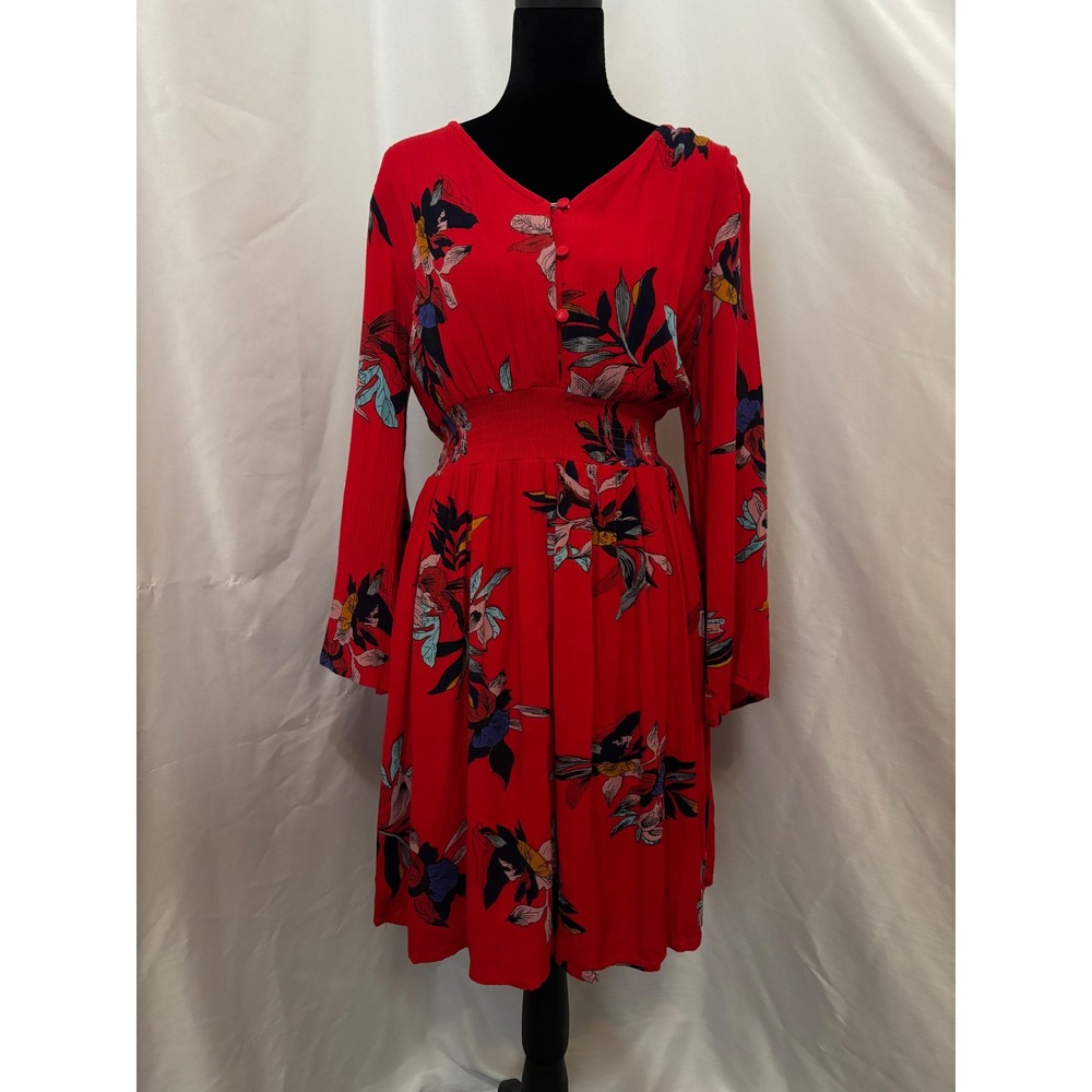 J. Glee Floral Smocked Waist Dress V-Neck 3/4 Sleeve Boho Cottagecore L